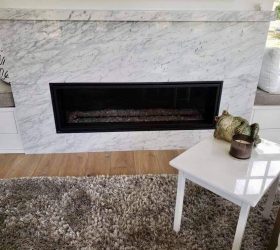 white stone fireplace